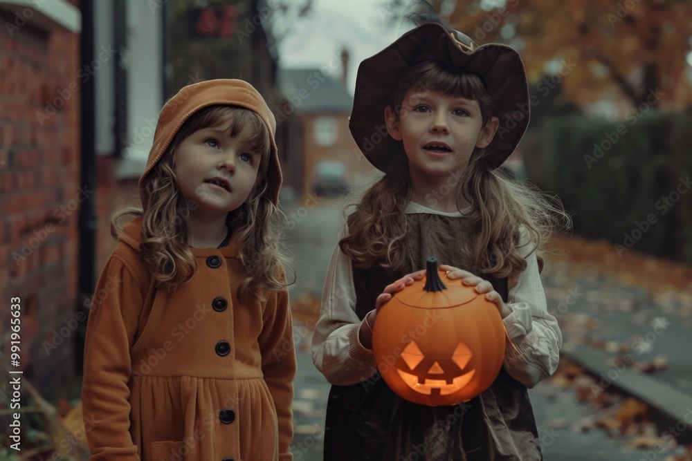 Fototapeta premium Two young girls dressed in Halloween costumes, smiling and holding a pumpkin together