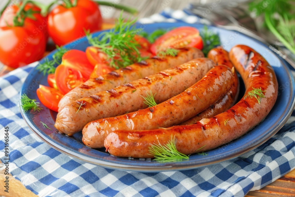 A plate of sausages and fresh tomatoes served on a table, perfect for breakfast or snack A plate of sausages and fresh tomatoes served on a table, perfect for breakfast or snack