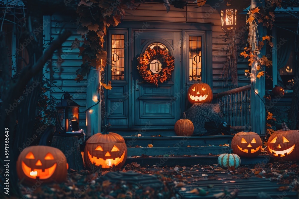 Obraz premium Pumpkins sitting on the front steps of a house, a classic Halloween decoration