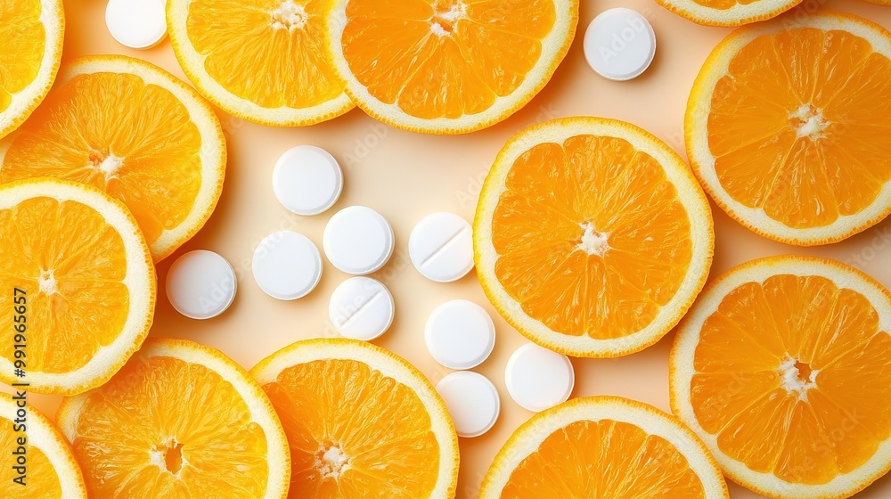 A white plate topped with oranges and pills next to oranges and tablets on a white surface A white plate topped with oranges and pills next to oranges and tablets on a white surface