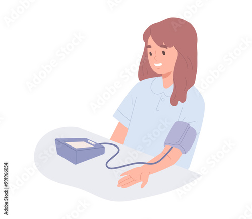 Young woman using Electronic Blood Pressure Monitor to measure her blood pressure. Concept of hypertension, medicine, health care, cardiology checkup, patient. Flat vector illustration.