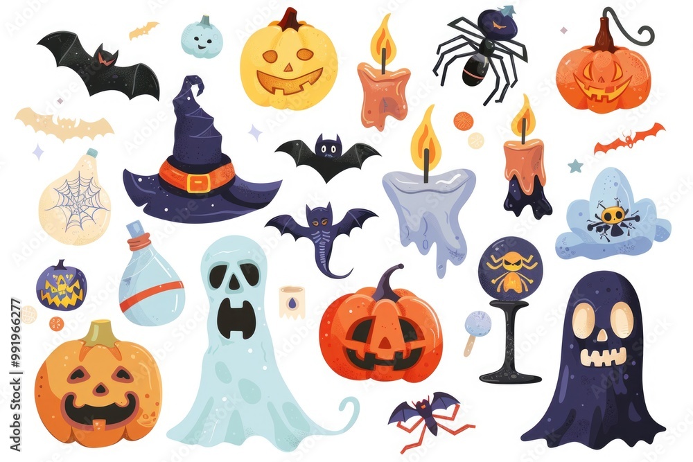 Pumpkin decorations with candles, ghosts, and bats for Halloween celebrations Pumpkin decorations with candles, ghosts, and bats for Halloween celebrations
