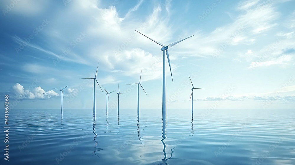 Wind turbines stand tall in a serene seascape, reflecting the sun on calm waters. They symbolize renewable energy and a sustainable future Wind turbines stand tall in a serene seascape, reflecting the sun on calm waters. They symbolize renewable energy and a sustainable future