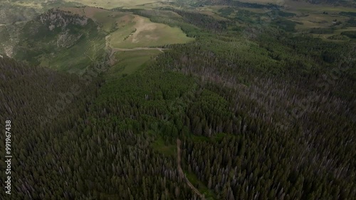 Summer Last Dollar Road aerial drone pan down birdseye view Mount Sneffels Wilderness San Juan Rocky Mountains Telluride airport four wheel drive Colorado Uncompahgre Forest blue sky landscape photo