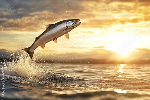 Large silver salmon is jumping out of the water with a golden sunset in the background. The salmon is splashing water as it leaps into the air photo