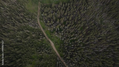 Summer Last Dollar Road aerial drone Mount Sneffels Wilderness San Juan Rocky Mountains Telluride airport four wheel drive Colorado Uncompahgre Forest blue sky landscape pan down birdseye photo