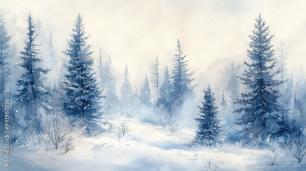 A tranquil winter evergreen forest blanketed in soft snow under a gentle blue sky, inviting stillness and peace A tranquil winter evergreen forest blanketed in soft snow under a gentle blue sky, inviting stillness and peace