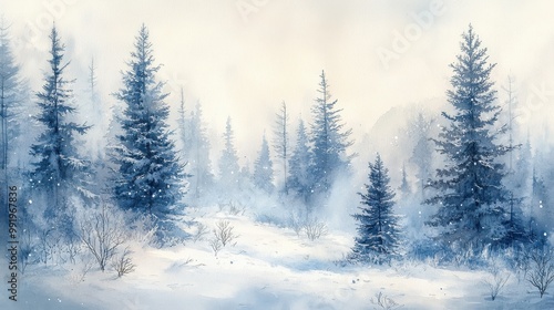 A tranquil winter evergreen forest blanketed in soft snow under a gentle blue sky, inviting stillness and peace