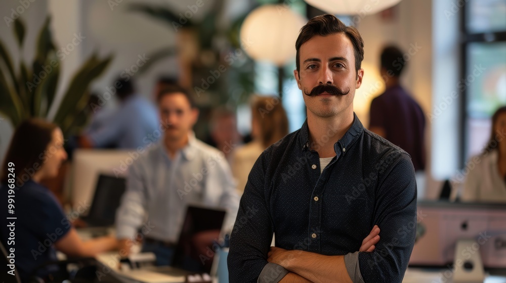 Fototapeta premium Modern Office Brainstorming Session with Diverse Young Professionals and Focus on Mustached Man