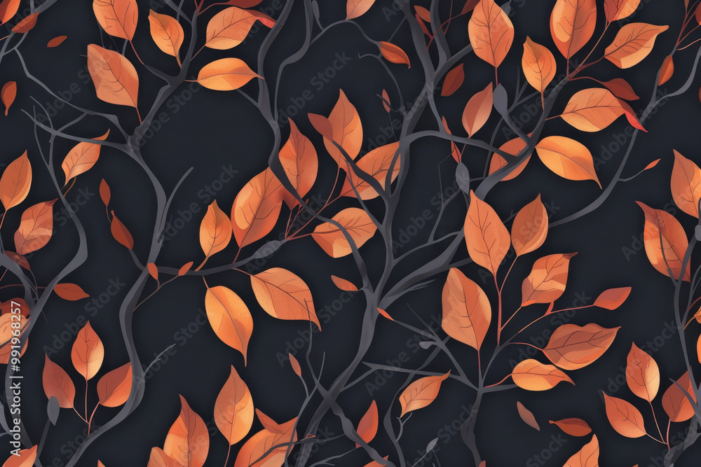 A black and orange leafy patterned background with a tree branch A black and orange leafy patterned background with a tree branch