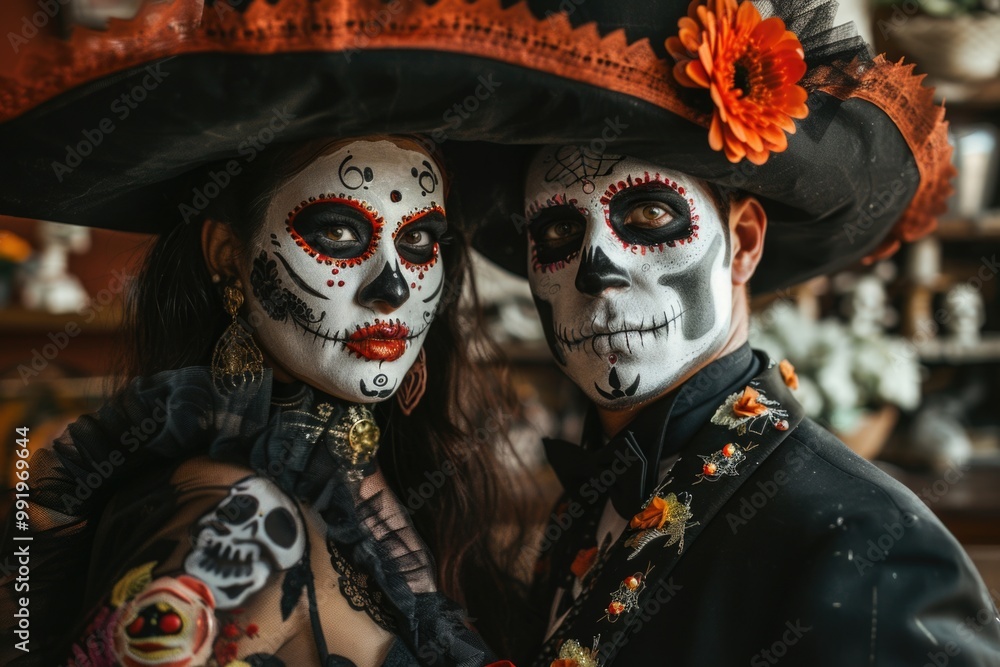 A pair of people dressed in elaborate Day of the Dead-inspired costumes, highlighting their creative makeup and elaborate attire A pair of people dressed in elaborate Day of the Dead-inspired costumes, highlighting their creative makeup and elaborate attire