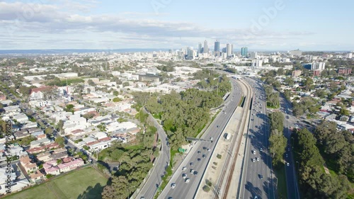 Wallpaper Mural Overview Of Highway With Vehicles Nearby Central Business District In Perth, Australia. aerial, wide shot Torontodigital.ca