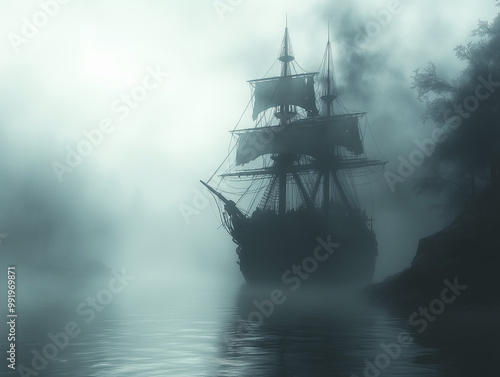 Ship in the fog. A ghost ship sailing through a misty, haunted sea.