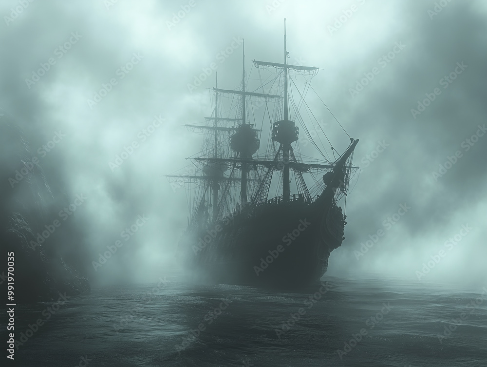 Ship in the fog. A ghost ship sailing through a misty, haunted sea. Ship in the fog. A ghost ship sailing through a misty, haunted sea.