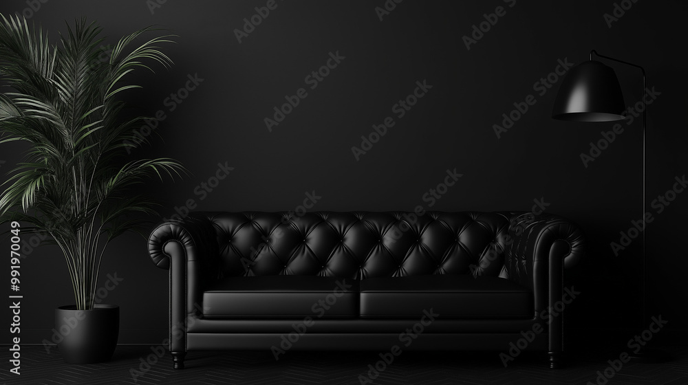 Obraz premium black sofa with lamp and pot for plants on black background 