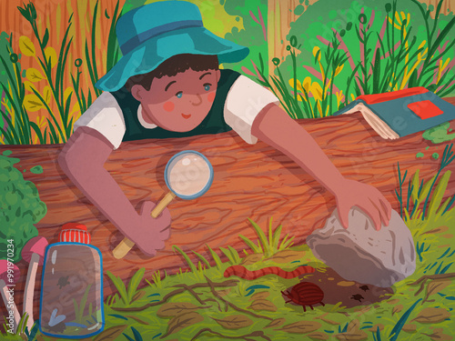 The boy explores the forest flora and fauna.