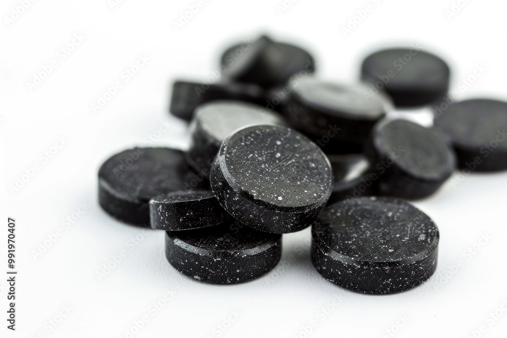A collection of black pills arranged on a white surface, suitable for use in pharmaceutical or medical contexts A collection of black pills arranged on a white surface, suitable for use in pharmaceutical or medical contexts