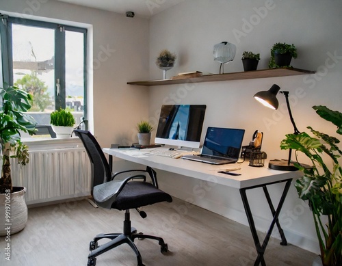 Minimalist home office setup with ergonomic furniture and clutter-free workspace