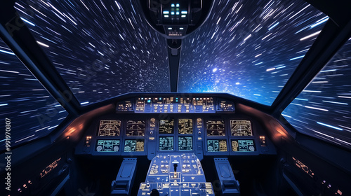 A futuristic spaceship cockpit with a view of stars streaking by.