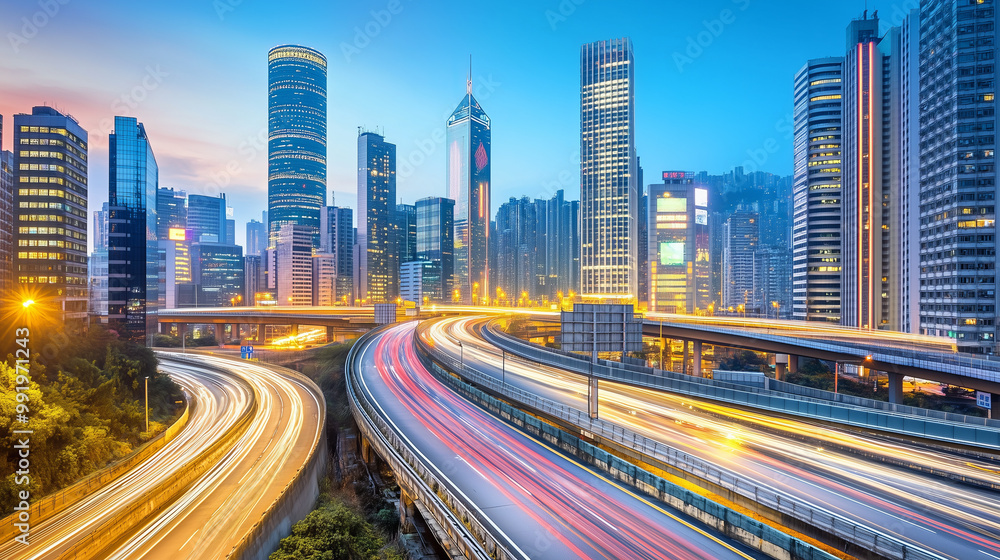 Cityscape with highway traffic light trails and skyscrapers at dusk. Cityscape with highway traffic light trails and skyscrapers at dusk.