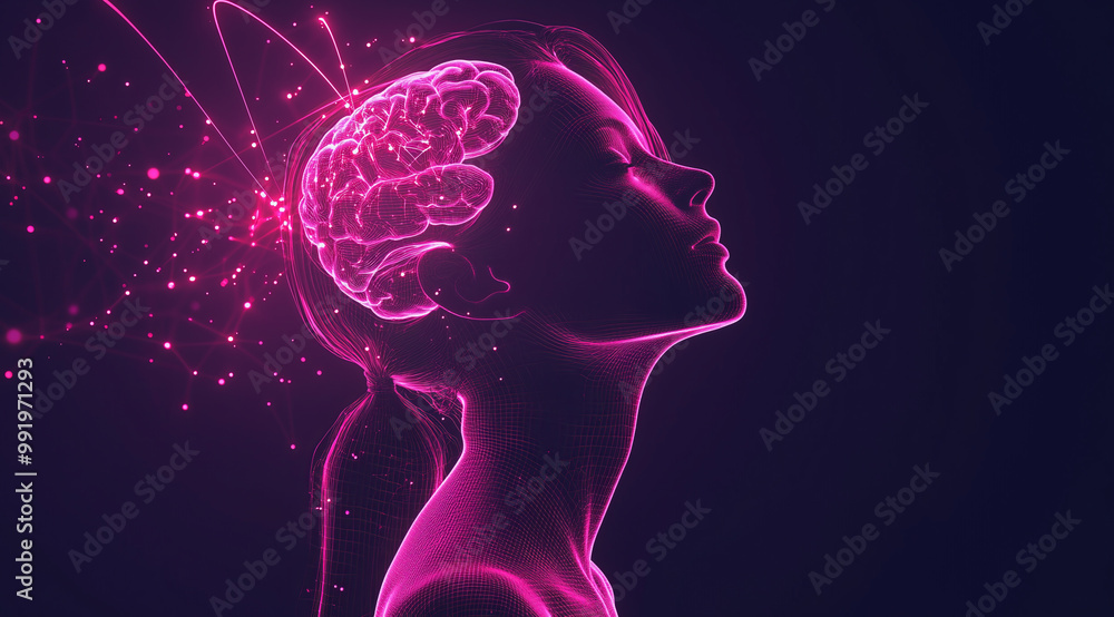 A pink digital rendering of a woman's head with an exposed brain. A pink digital rendering of a woman's head with an exposed brain.