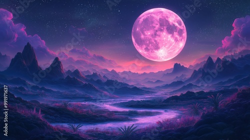 An enchanting otherworldly landscape with rolling hills, glowing plants, and a massive pink moon illuminating the night sky