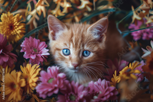 A kitten is sitting in a bed of flowers