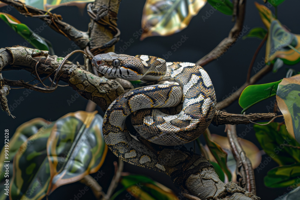 Naklejka premium A snake is curled up on a branch