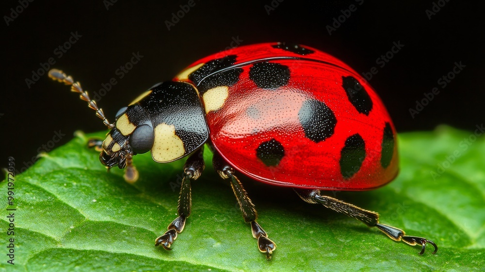 Fototapeta premium Close-up of a vibrant ladybug with red and black spots on a green leaf, showcasing intricate details and rich colors.