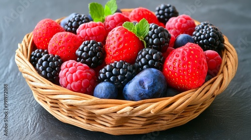 Fresh assorted berries in a wicker basket on a dark textured surface, displaying vibrant colors and rich textures.