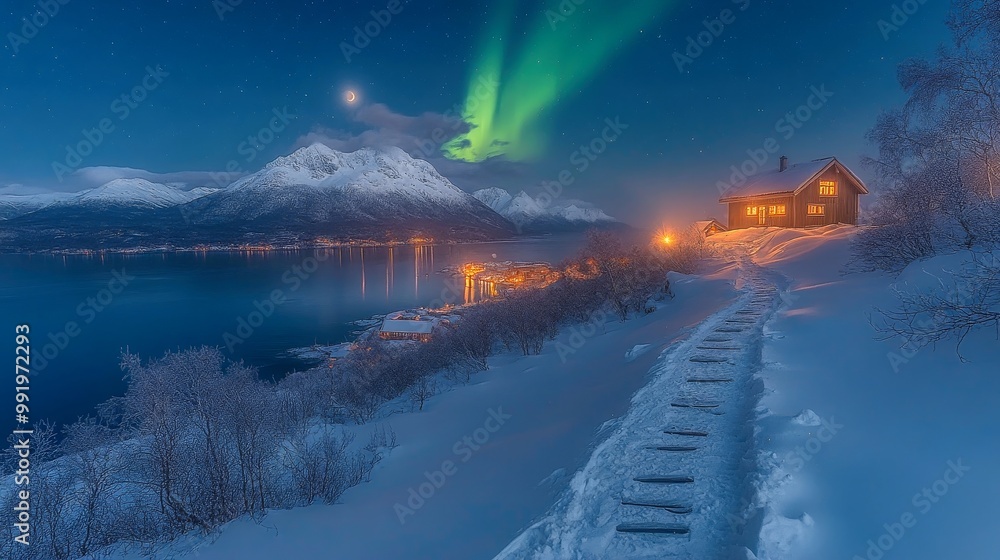 Scenic snowy landscape with Northern Lights illuminating a mountain village with a cozy wooden cabin. Scenic snowy landscape with Northern Lights illuminating a mountain village with a cozy wooden cabin.