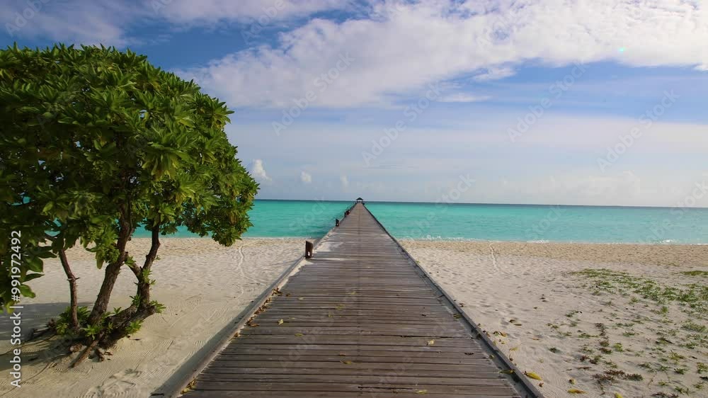 Stroll along a wooden pier from a stunning sandy beach with golden sand and azure water,heading towards a dock.Surrounded by exotic trees,this tranquil path captures the essence of tropical relaxation Stroll along a wooden pier from a stunning sandy beach with golden sand and azure water,heading towards a dock.Surrounded by exotic trees,this tranquil path captures the essence of tropical relaxation