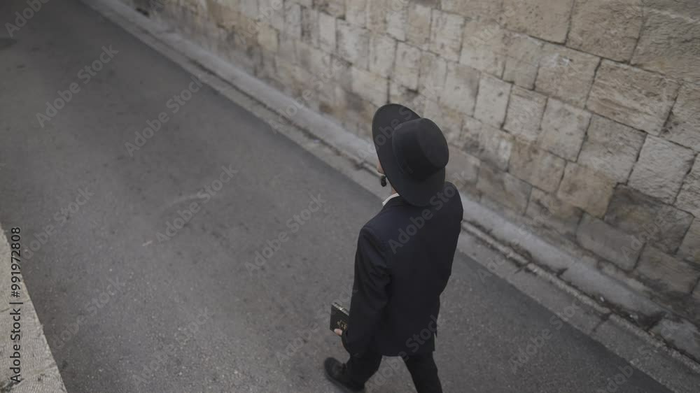 Orthodox Jewish Man With Book At Famous Wailing Wall In Jerusalem. high angle, tracking shot Orthodox Jewish Man With Book At Famous Wailing Wall In Jerusalem. high angle, tracking shot