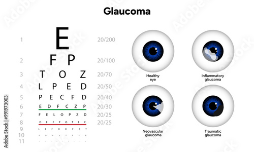 Healthy eye and eye with glaucoma. Ophthalmology eye examination. Inflammatory glaucoma. Neovascular glaucoma. Traumatic glaucoma