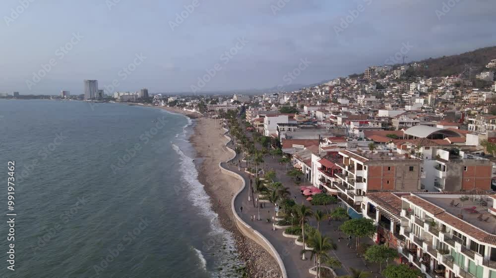 Wavy waterfront Malecon Esplanade shoreline at Puerto Vallarta, aerial Wavy waterfront Malecon Esplanade shoreline at Puerto Vallarta, aerial