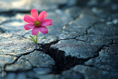 A flower blooming out of a crack in a cement sidewalk, representing resilience and hope in harsh environments. photo