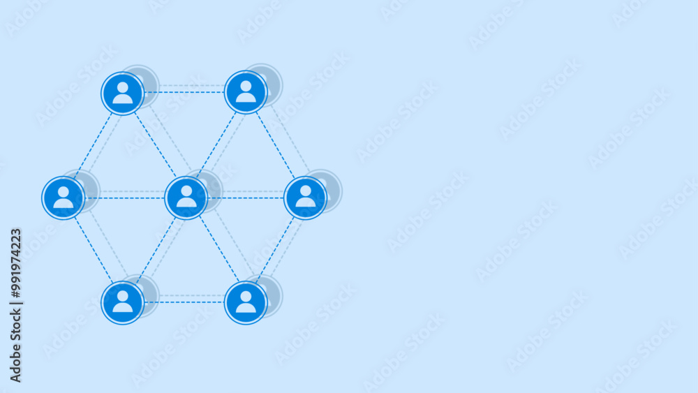 A hexagonal network of blue social user icons connected by dotted lines on a light blue background, representing connectivity A hexagonal network of blue social user icons connected by dotted lines on a light blue background, representing connectivity