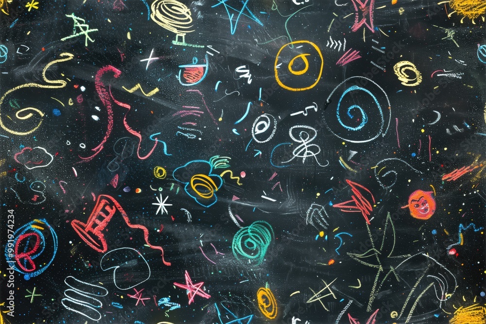 A seamless colorful chalkboard filled with various doodles and abstract shapes, including stars, swirls, and playful lines. A seamless colorful chalkboard filled with various doodles and abstract shapes, including stars, swirls, and playful lines.