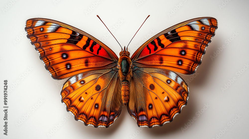 A stunning close-up of a vibrant butterfly showcasing intricate patterns and colors against a clean white backdrop A stunning close-up of a vibrant butterfly showcasing intricate patterns and colors against a clean white backdrop