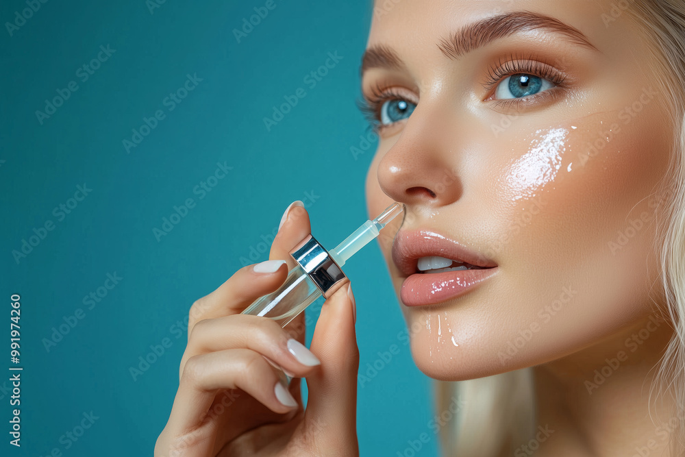 Obraz premium A serene moment of beauty as a blonde woman gently applies nourishing serum to enhance her radiant skin in a tranquil setting