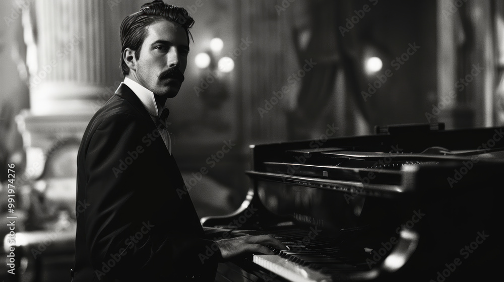 Elegant Pianist in Tuxedo Performing in Black and White High Contrast Photography for Print Design Elegant Pianist in Tuxedo Performing in Black and White High Contrast Photography for Print Design
