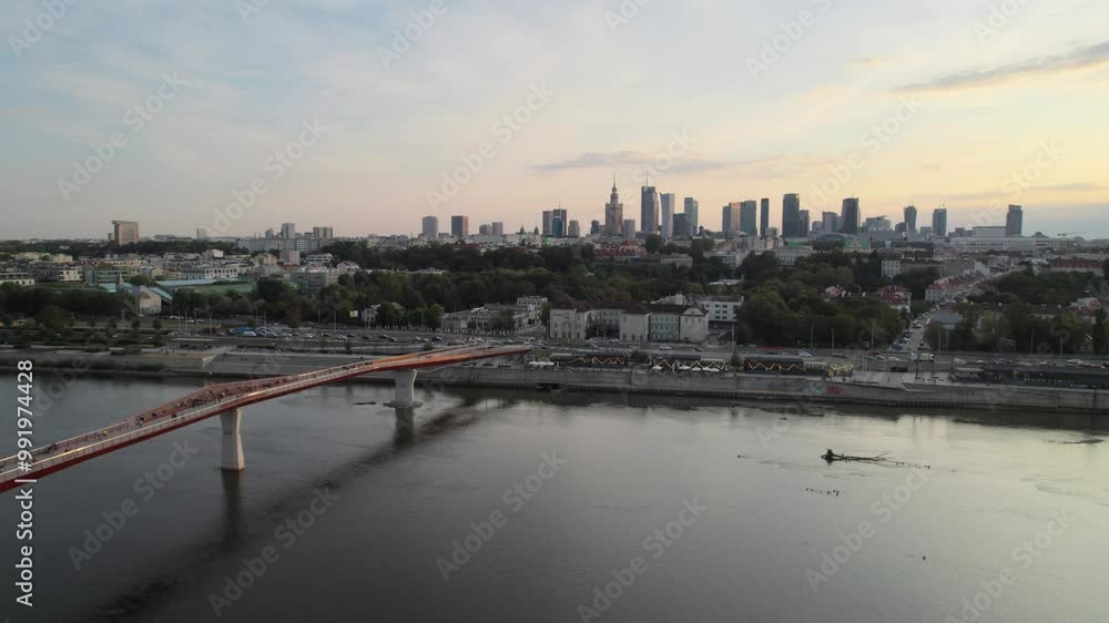 Panoramic aerial view of Warsaw city downtown during sunset Panoramic aerial view of Warsaw city downtown during sunset