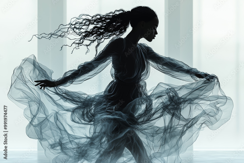 Fototapeta premium A dancer's silhouette infused with flowing fabric, representing movement and grace through double exposure.