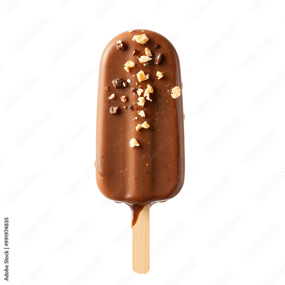Chocolate ice cream on stick with crushed nuts with ultra layer Chocolate ice cream on stick with crushed nuts with ultra layer