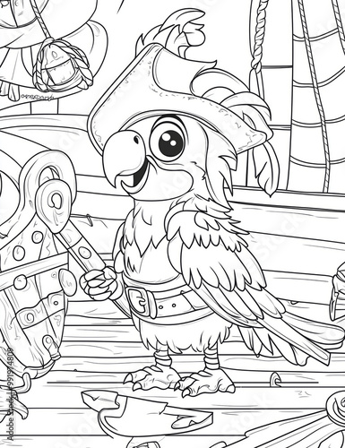 A mischievous pirate parrot ready for adventure on a whimsical treasure-filled ship awaits your colorful touch
