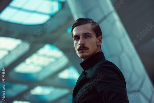 High Fashion Editorial: Man with Sleek Mustache in Designer Clothing at Futuristic Architectural Backdrop