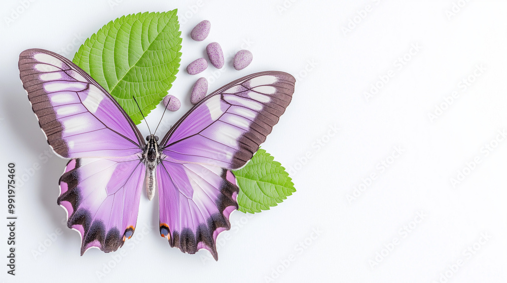 A delicate emperor butterfly rests gracefully on vibrant green leaves, showcasing its intricate purple and white patterns in natural light A delicate emperor butterfly rests gracefully on vibrant green leaves, showcasing its intricate purple and white patterns in natural light