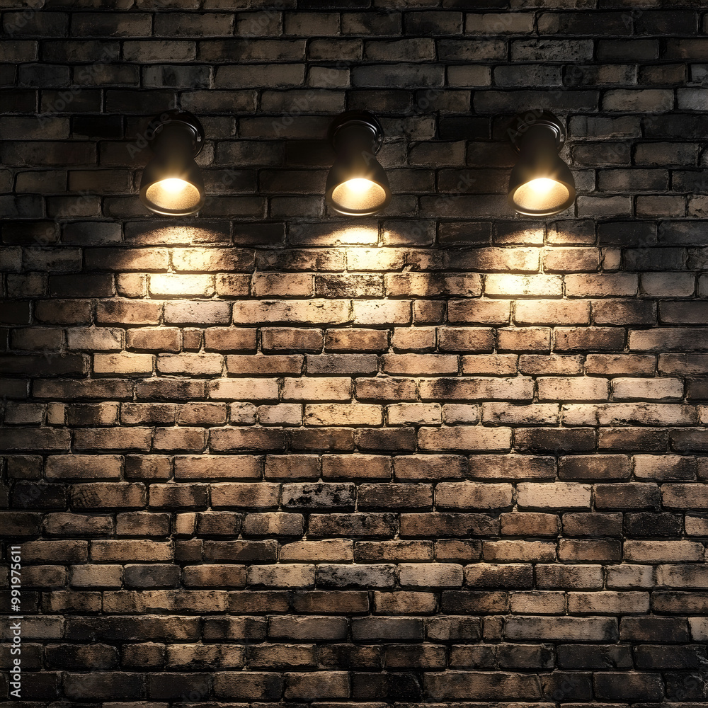 Spotlights shining on red brick wall, creating a dramatic atmosphere Spotlights shining on red brick wall, creating a dramatic atmosphere