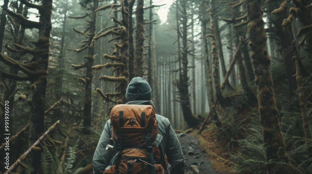 Man Hiking Through Dense Forest with Backpack and Neatly Groomed Mustache - Adventure and Outdoors Man Hiking Through Dense Forest with Backpack and Neatly Groomed Mustache - Adventure and Outdoors
