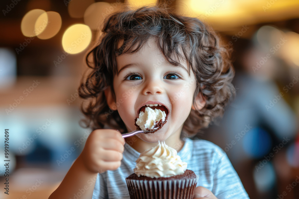 Happy Child Enjoying a Chocolate Cupcake in a Cozy Café Happy Child Enjoying a Chocolate Cupcake in a Cozy Café